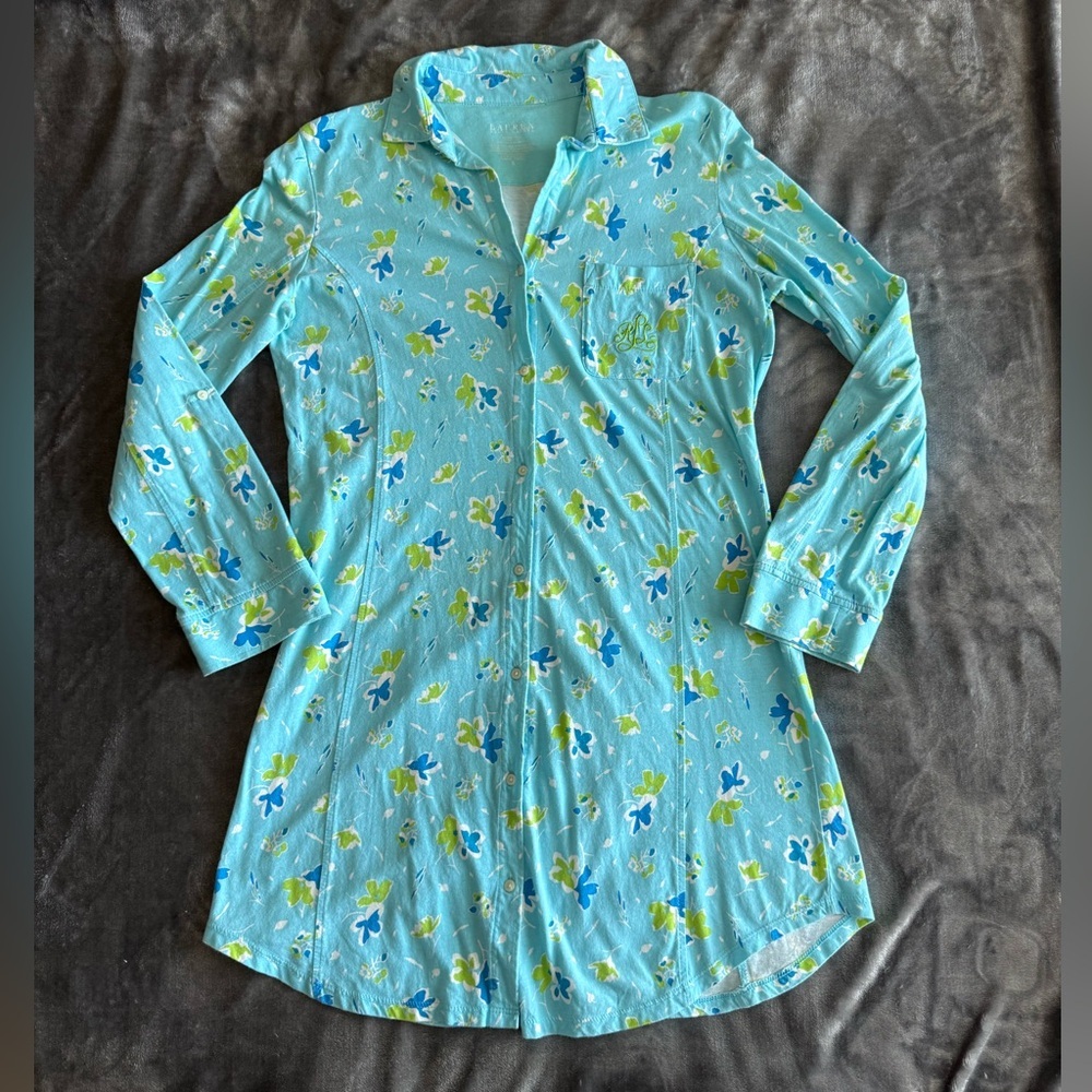 Lauren Ralph Lauren Floral Button Down Night Shirt Dress Size S Tab Sleeves